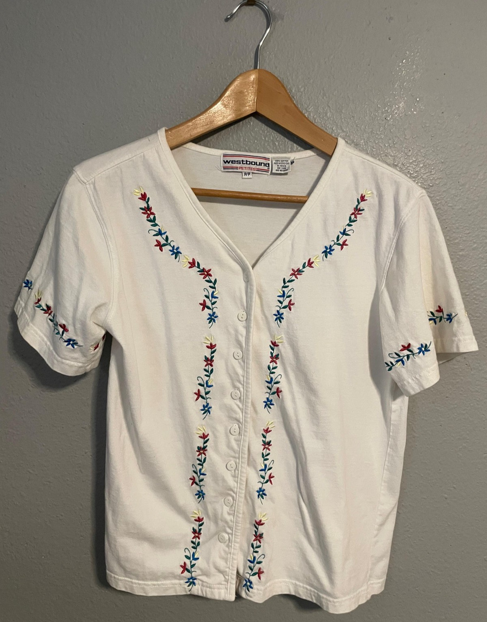 Vintage Westbound Womens Top Size Petite White Floral Embroidered Cottagecore